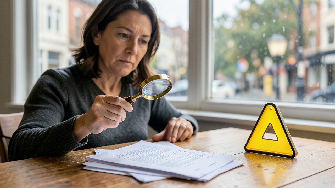 A cautious consumer holding a magnifying glass examines fine print on a stack of documents, with a warning sign blurred in the background.