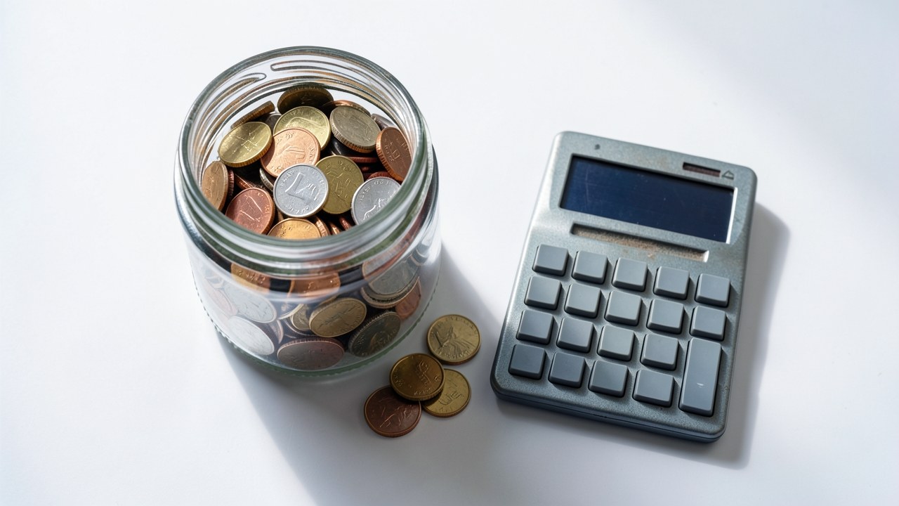 A clear glass jar filled with coins and a small calculator on a table, symbolizing the fundamental concept of loan amounts and costs.