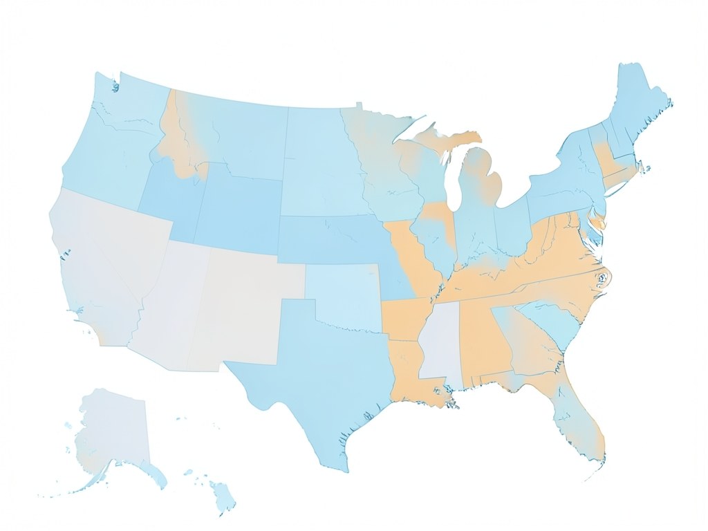 A stylized map of the United States with varied shades of blue and yellow, representing different state regulations.