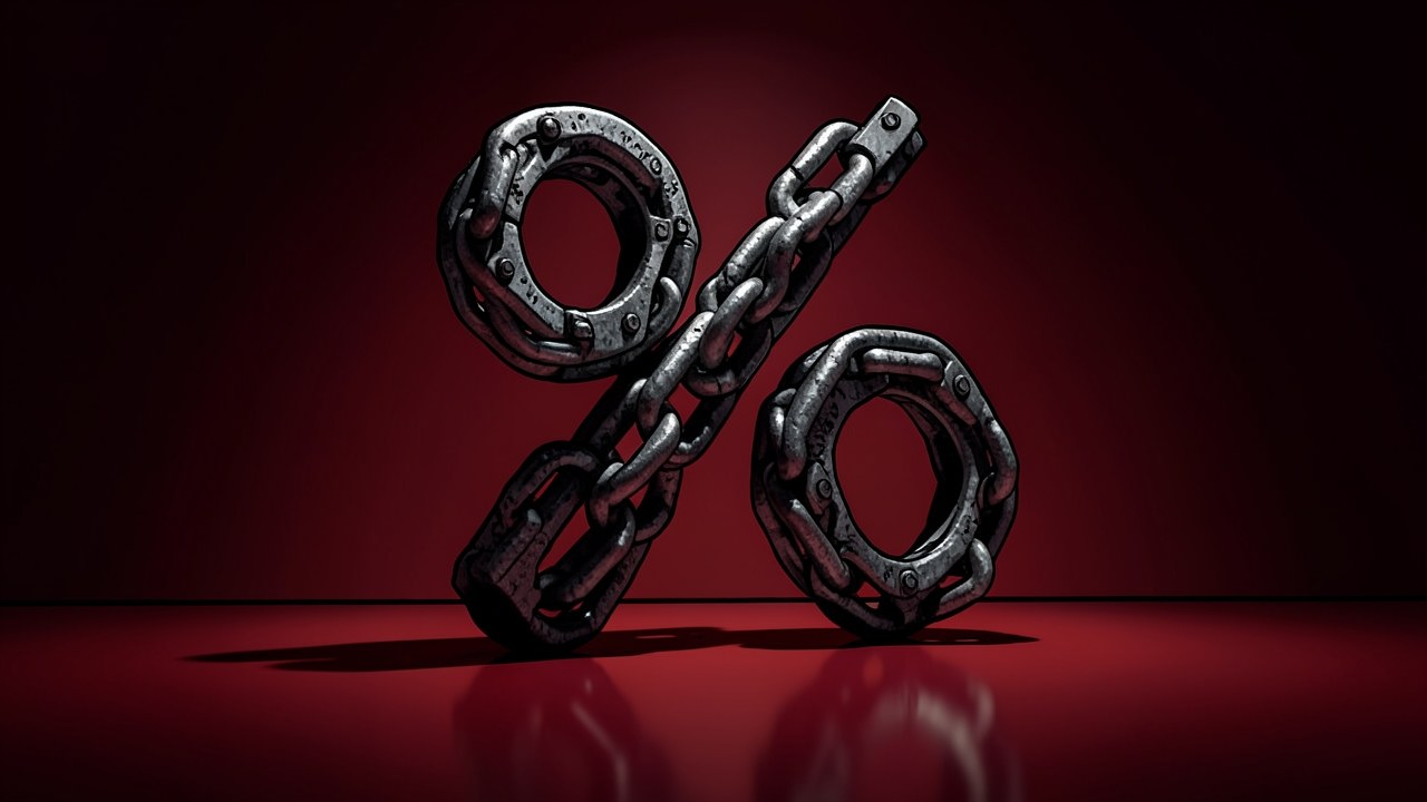 A large percentage sign made of tangled chains on a red background, conveying high cost and entrapment.