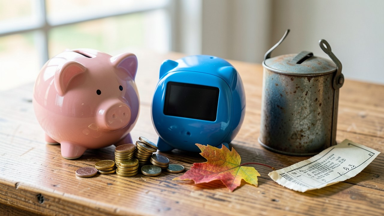 Several different types of piggy banks placed side by side on a table, each representing a different savings or borrowing option.