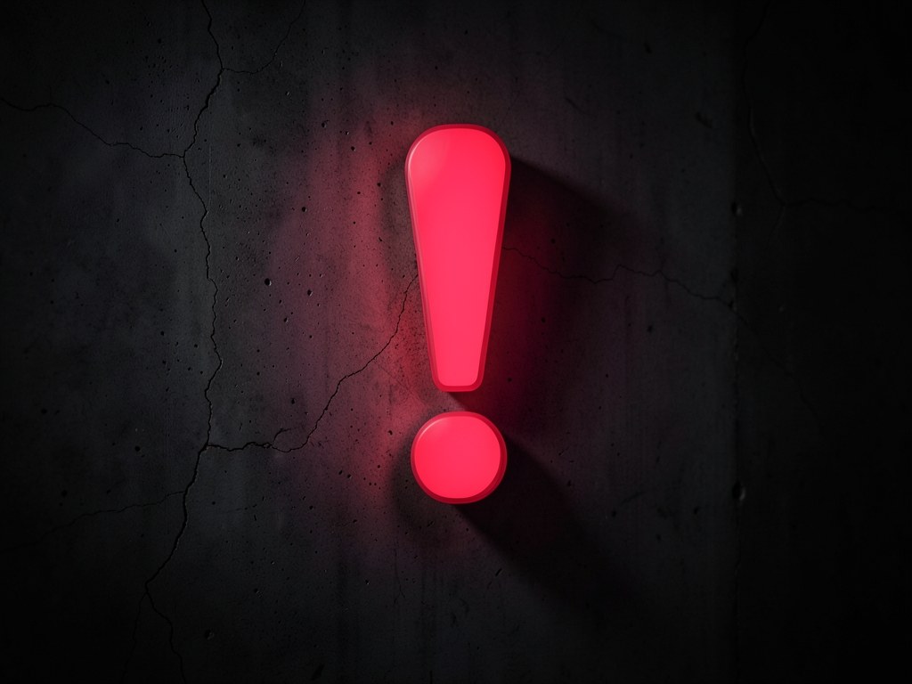 A red warning light in the shape of an exclamation mark glowing in a dark environment, indicating danger or scams.