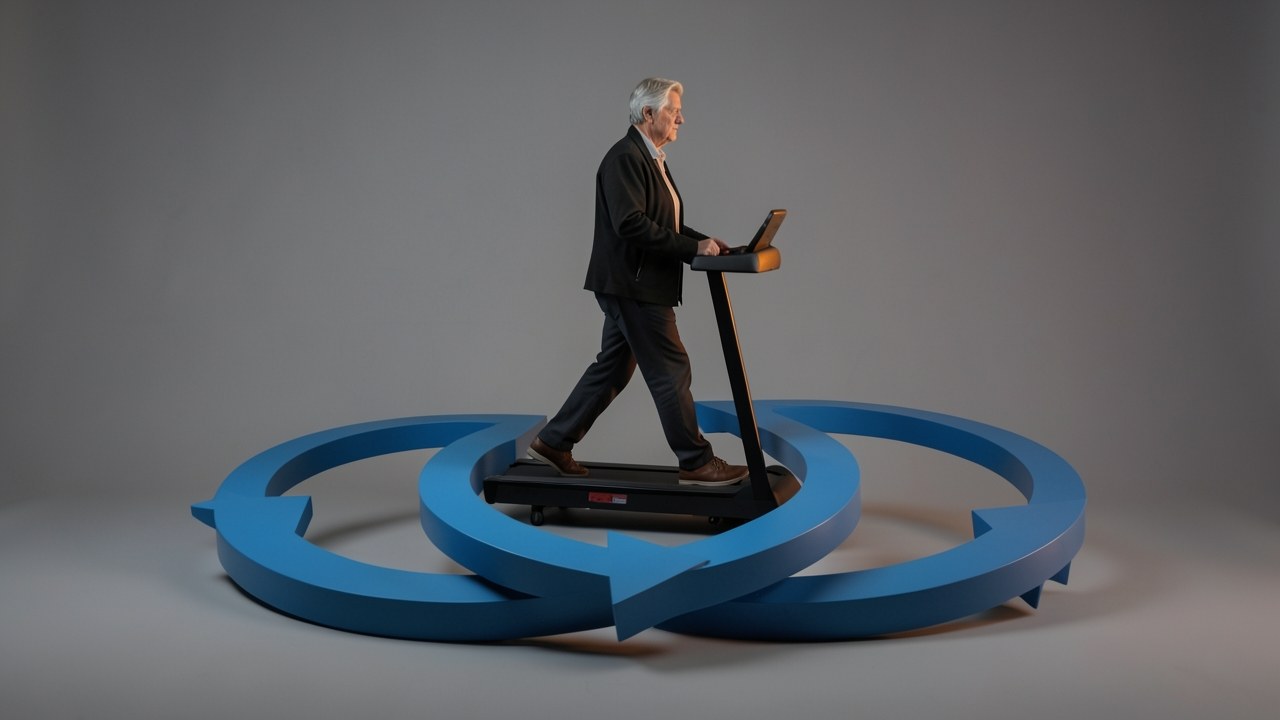 A person walking on a treadmill inside a circular track with a clock symbolizing the endless debt cycle.