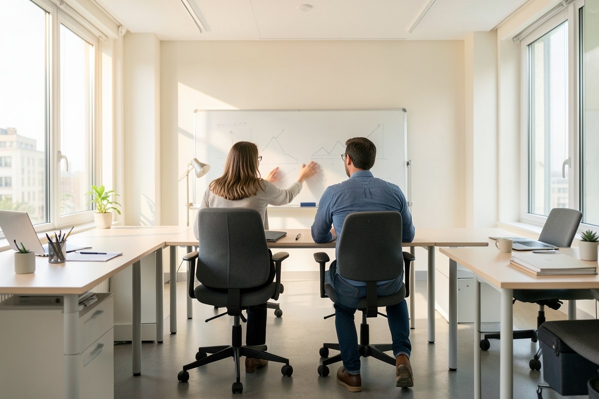 A modern editorial office with a large window and several desks, suggesting a dedicated content team.