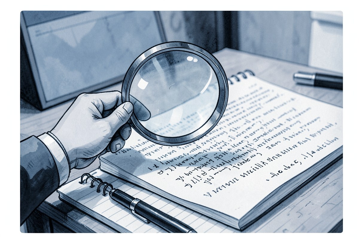 A hand holding a magnifying glass over lines of code, similar to a fact-checking process.