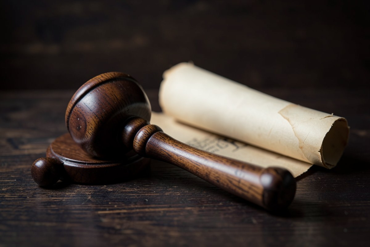 A gavel and scroll on a dark wooden desk, symbolizing legal terms.
