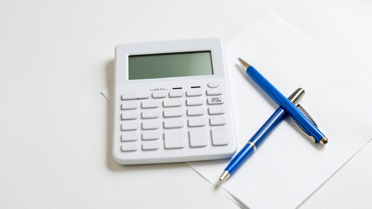 A simple pocket calculator with a blurred display next to a pen, symbolizing numeric calculations.